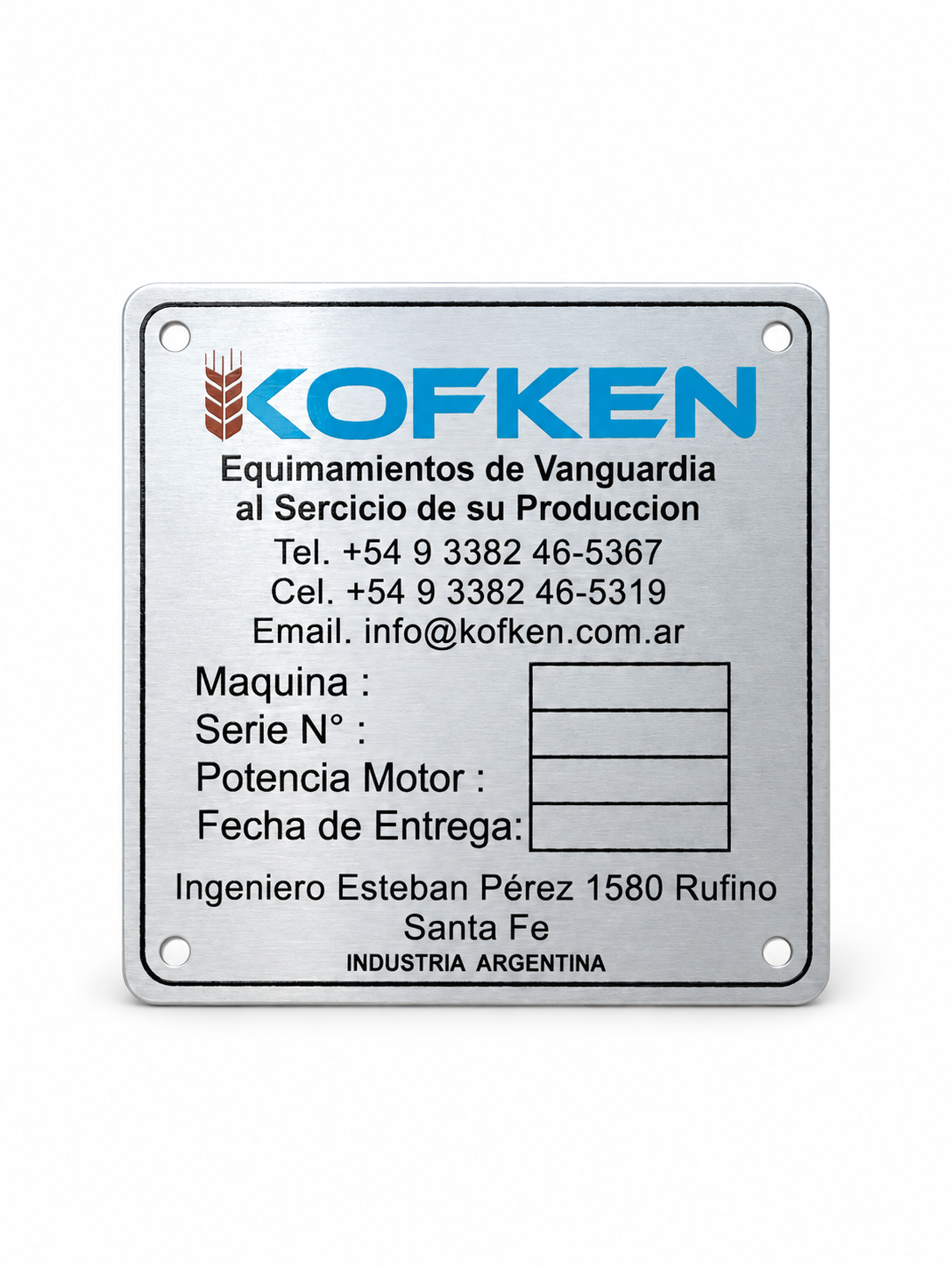Placa de identificación Kofken para maquinaria. Realizado por Grabados Fenix.