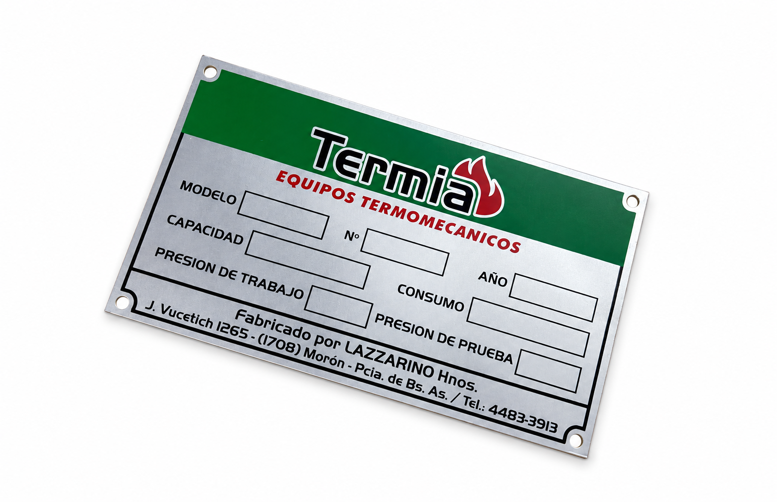 Placa de características Termia para equipos termomecánicos. Realizado por Grabados Fenix.